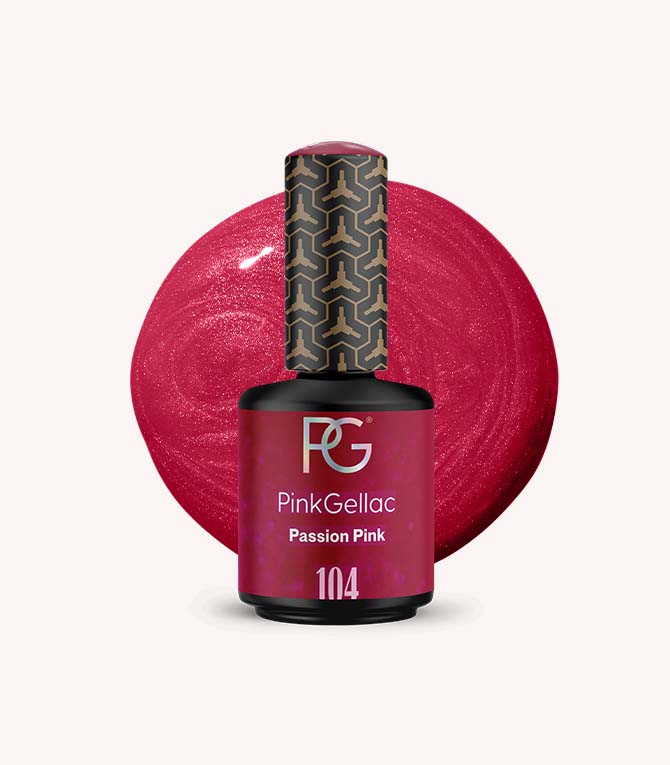 Pink Gellac nail polish bottle with a pink swatch on a white background
