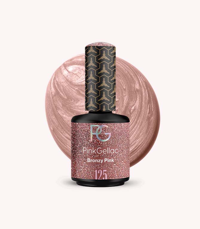 Pink Gellac Bronzy Pink nail polish bottle with marble background