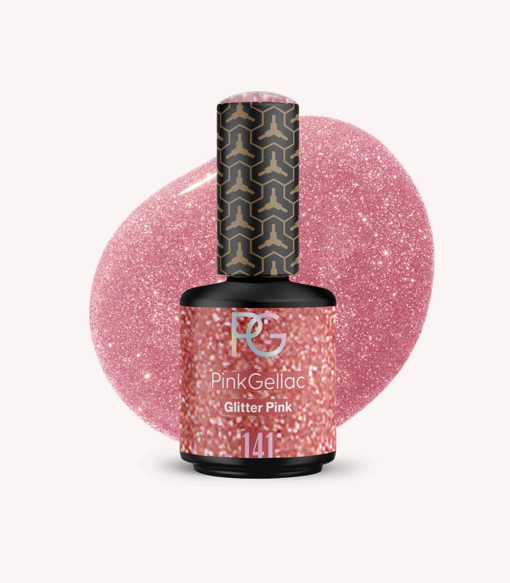 Pink Gellac Glitter Pink nail polish bottle with pink glittery background