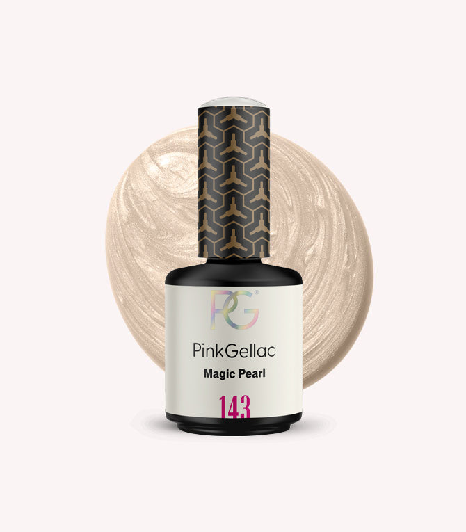 PinkGellac Magic Pearl nail polish bottle with a marble effect background
