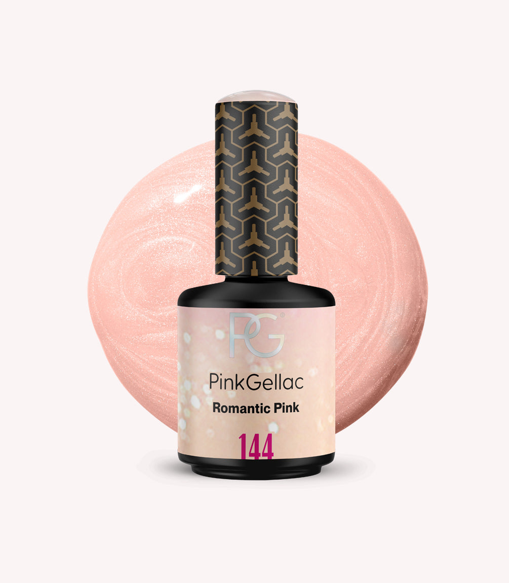 Pink Gellac nail polish bottle with a matching pink color swatch on a white background