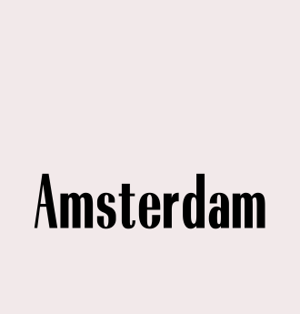 Black word "Amsterdam" on a light gray background in a striking font.