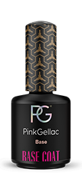 A bottle of Pink Gellac Base Coat nail polish with a black label and a decorative cap.