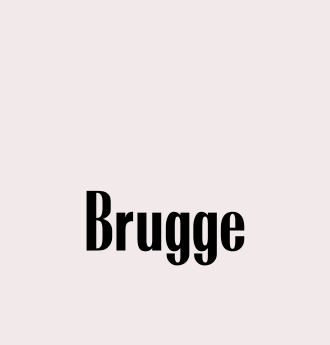 The image shows the word "Brugge" in black, bold letters against a light pink background.