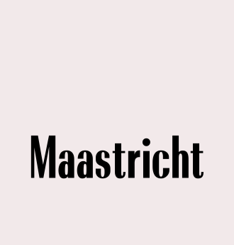 The image shows the word "Maastricht" in black, bold letters on a light pink background.