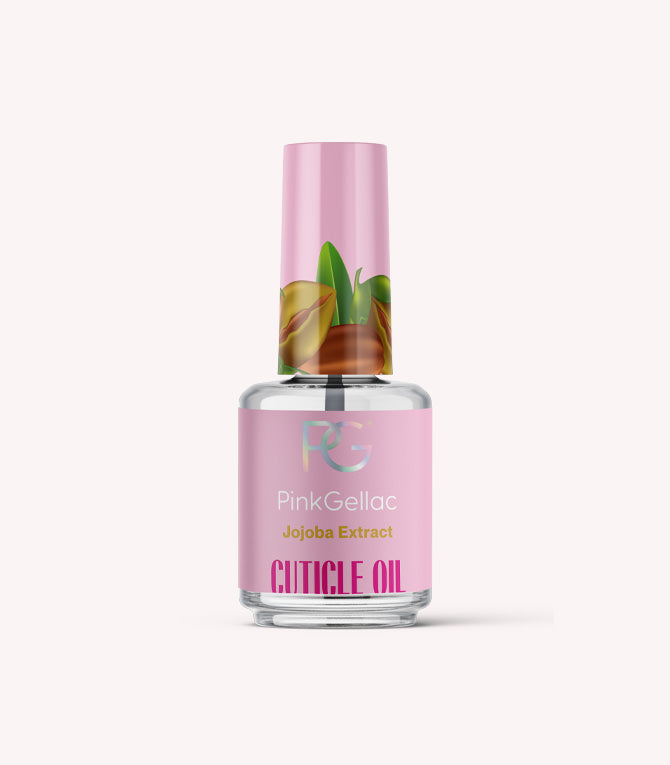 Bottle of pink Pink Gellac cuticle oil with jojoba extract and an image of jojoba leaves and nuts on the cap.