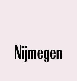 Black text "Nijmegen" with two dots above the "j" on a light pink background.