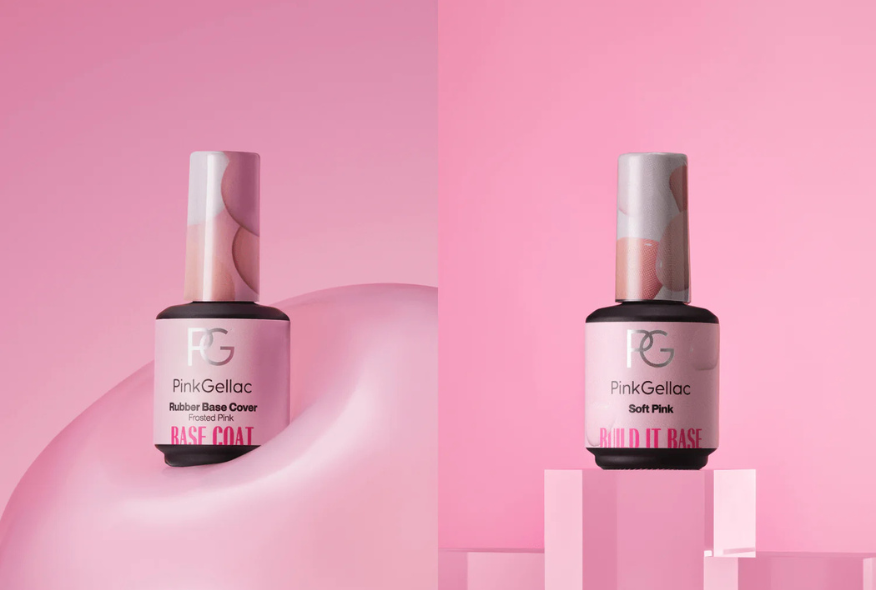 Two pink Pink Gellac nail polish bottles on a pink background, selling the colors "Frosted Pink" and "Soft Pink".
