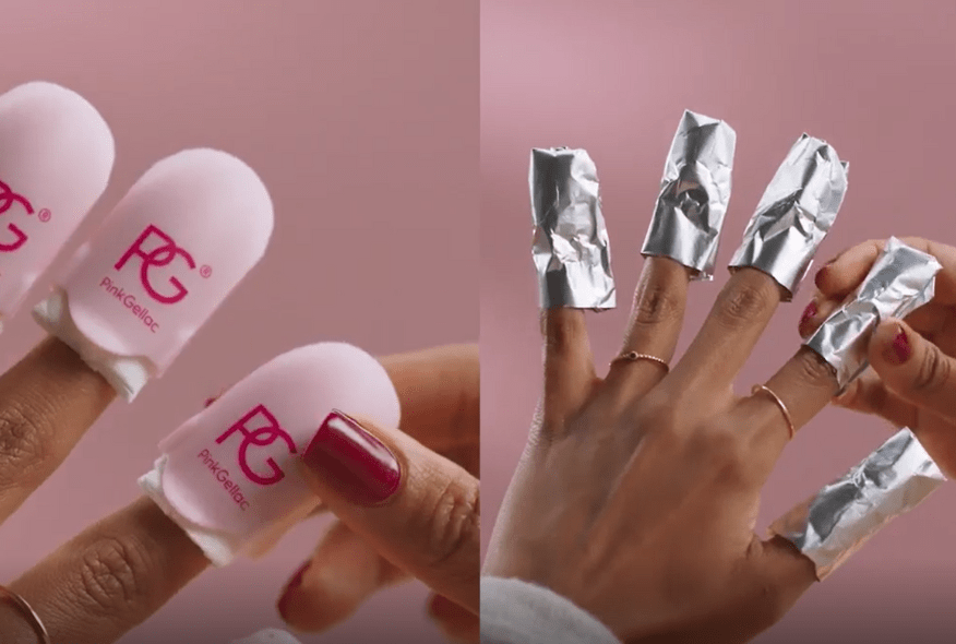 Two images of hands covered with manicure removal tools: left fingers with pink caps with "PG" logo, right fingers wrapped in aluminum foil.