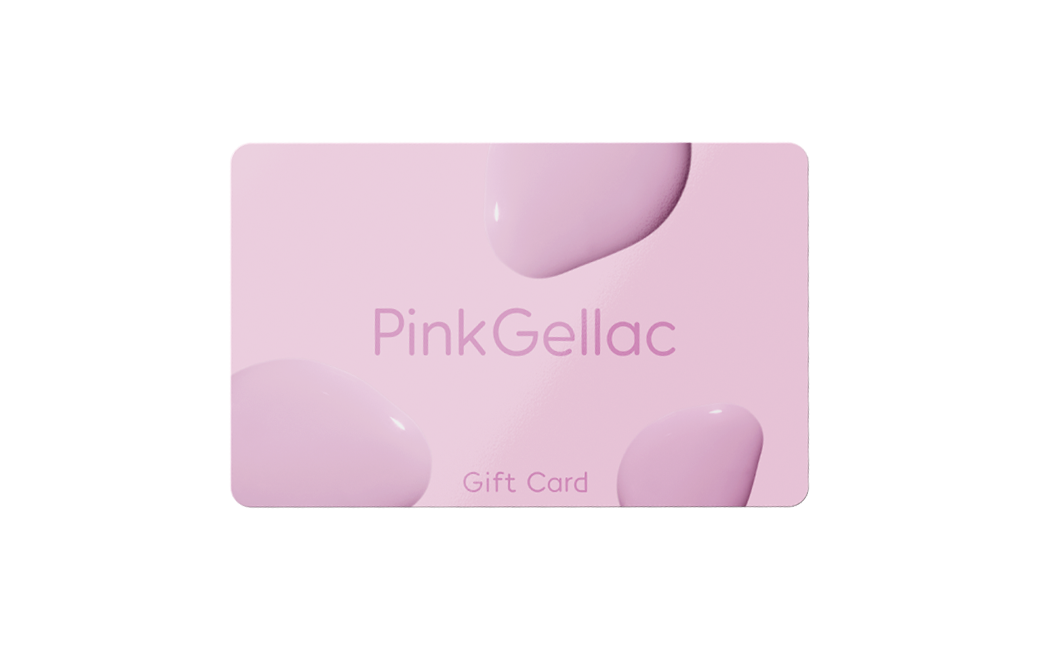 Pink gift voucher with the text "Pink Gellac" and paint-like drops as decoration.
