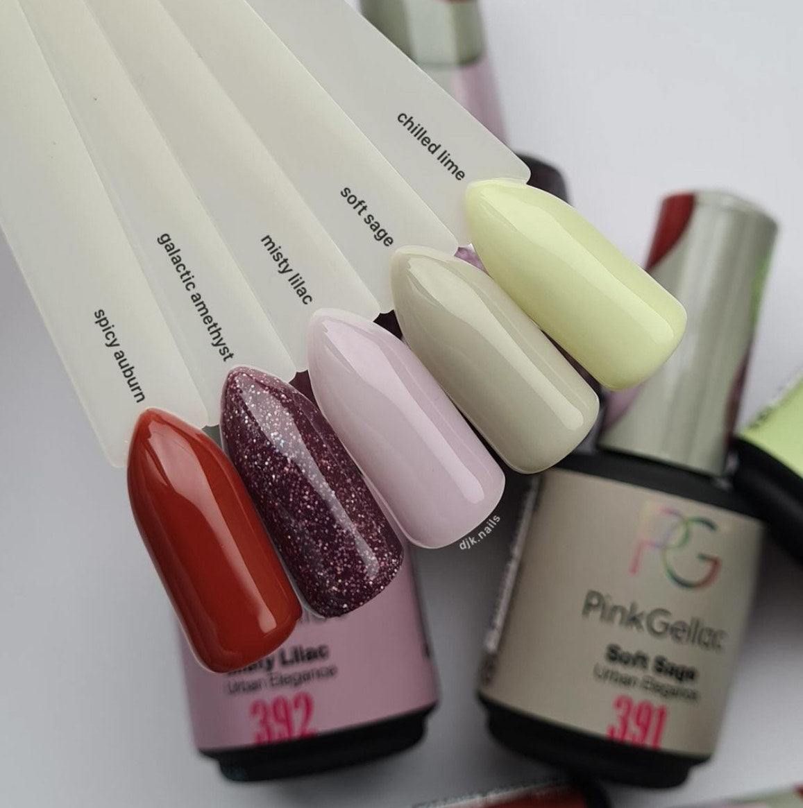 Five sample strips with different nail polish colors and names: spicy auburn, galactic amethyst, misty lilac, soft sage, and chilled lime, for bottles of Pink Gellac.