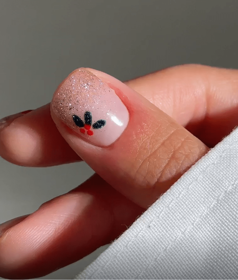 Thumbnail with glittery dry nail polish and a floral pattern consisting of black leaves and red dots.