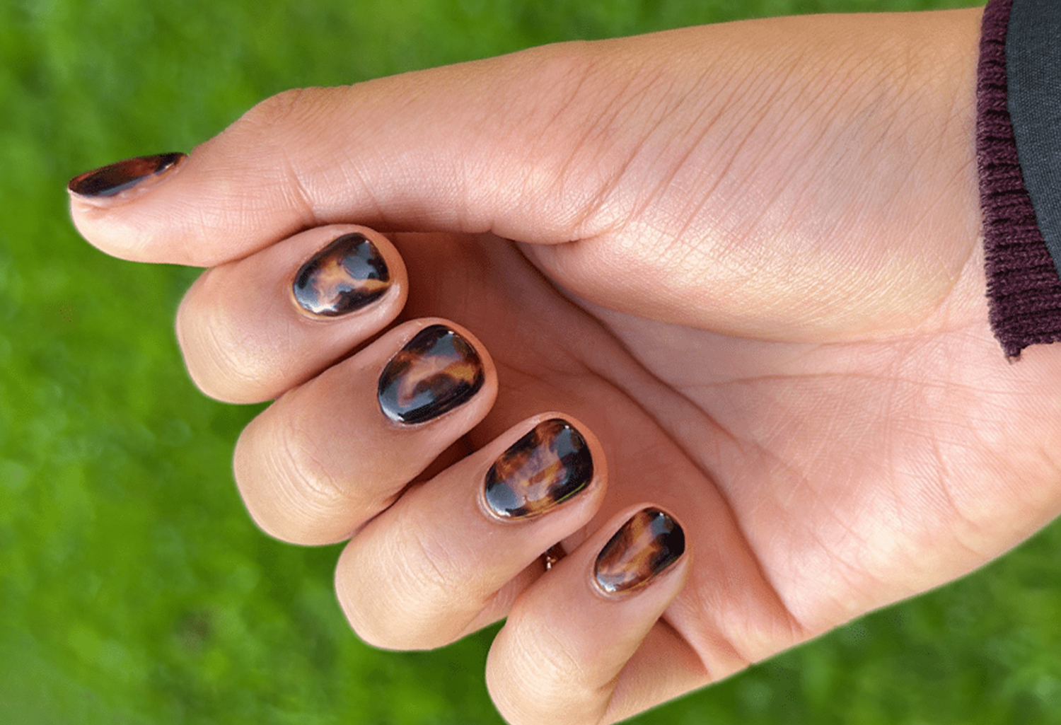 Close-up of a hand holding tortoiseshell pattern nails against a green background.