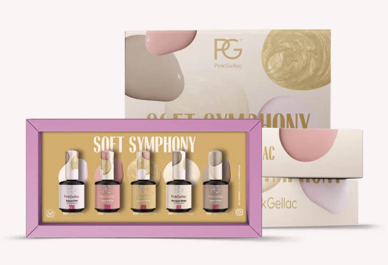 The image shows a set of five Pink Gellac nail polish bottles in a box that says "Soft Symphony" in a purple frame, placed in front of a larger box with an abstract design.