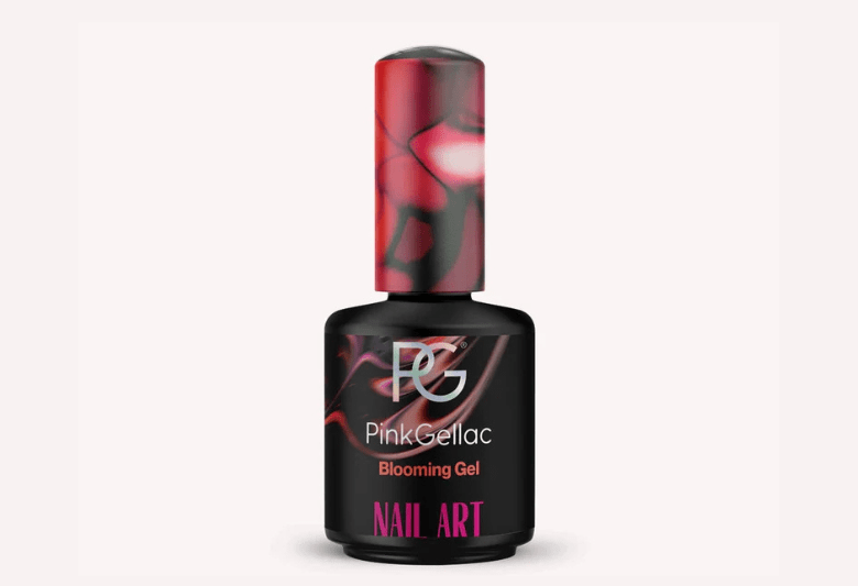 Bottle of Pink Gellac Blooming Gel for nail art with black label and colorful cap.