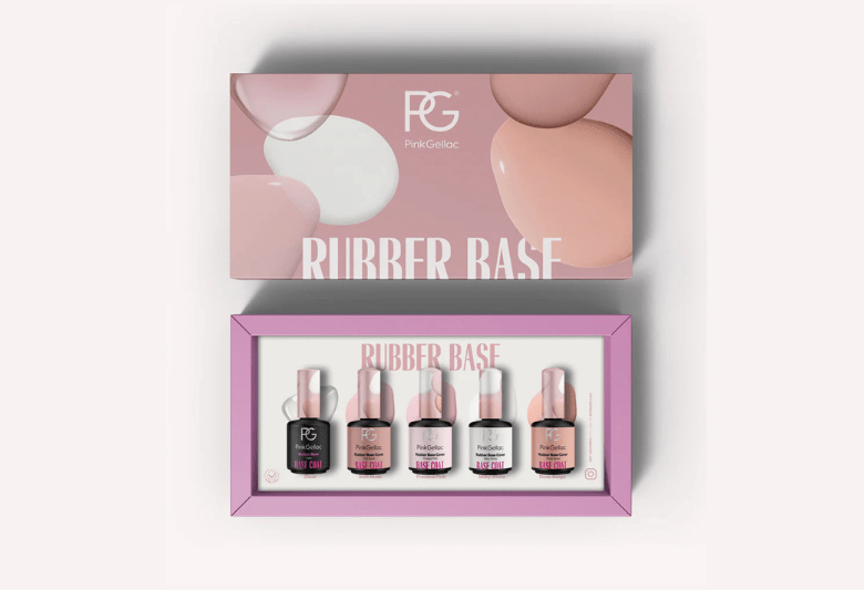 Box with five bottles of Pink Gellac Rubber Base nail polish in different shades, in a pink packaging with a viewing window.