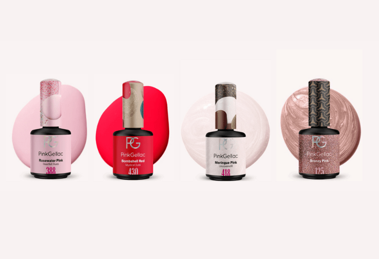 Four bottles of Pink Gellac nail polish in various colors, each with matching color background: Rosewater Pink, Bombshell Red, Meringue Pink, and Bronzy Pink.