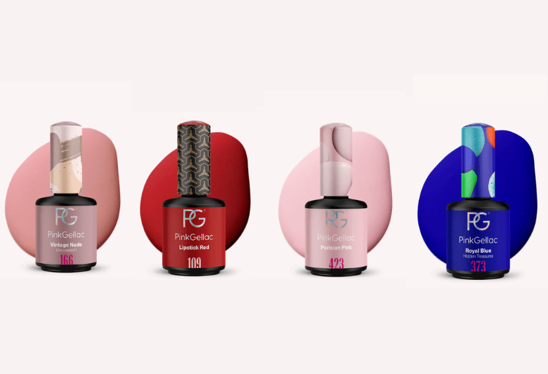 Four bottles of Pink Gellac nail polish in different colors and designs.