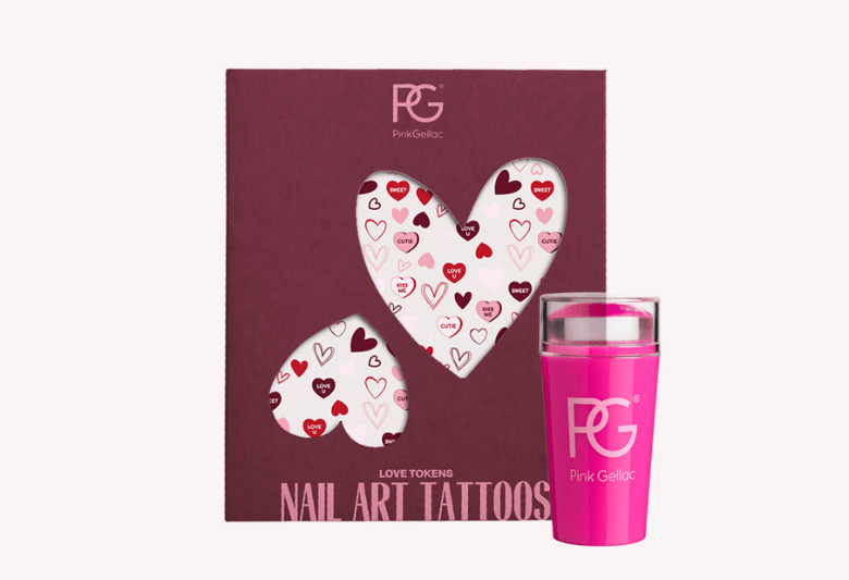 A pack of Pink Gellac Nail Art Tattoos with a pink stamp, decorated with hearts and texts such as "LOVE" and "CUTE".