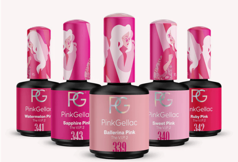 Five bottles of Pink Gellac nail polish in different shades of pink with illustrations of women on the caps.