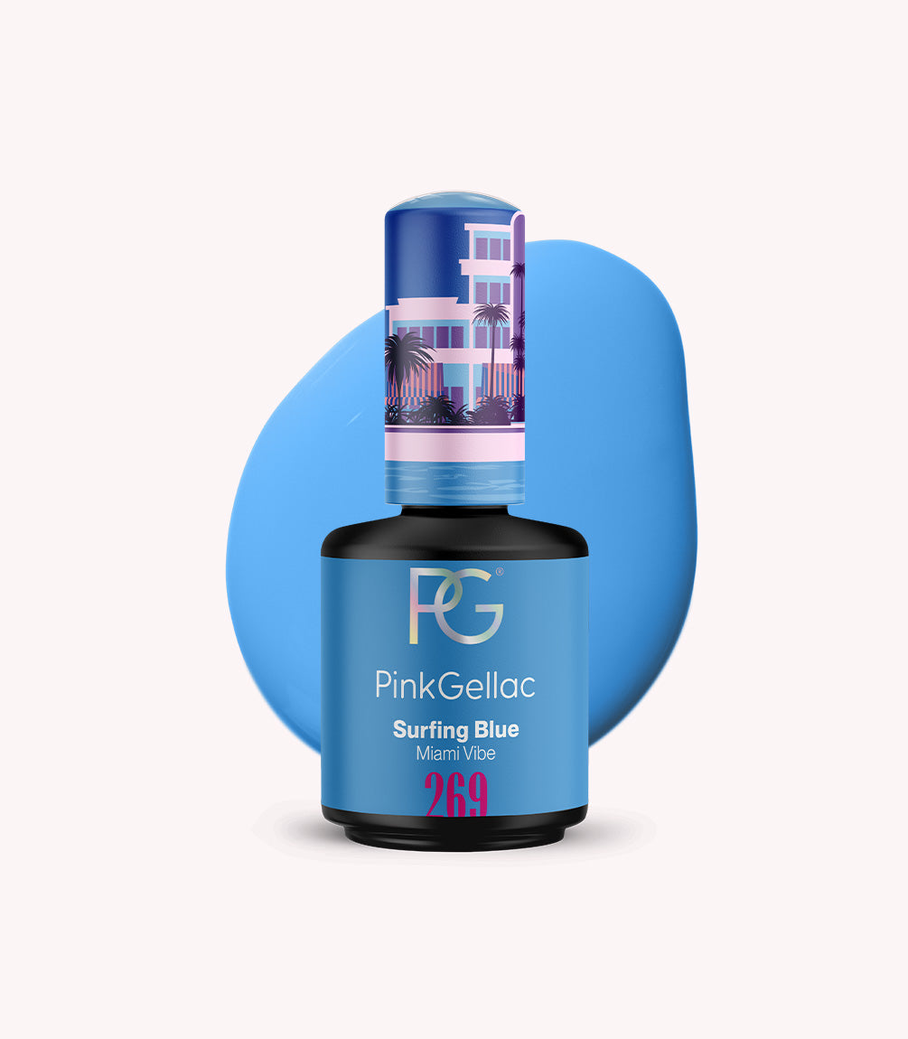 Nail polish bottle from Pink Gellac in the color Surfing Blue with an illustration of a tropical beach house and palm trees on the cap.