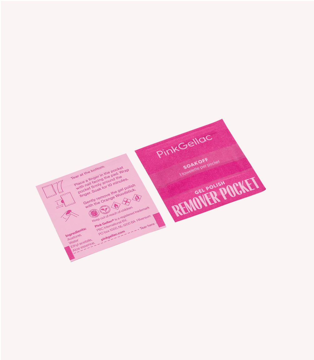 Pink packaging with text "PinkGellac Gel Polish Remover Pocket" and an instruction card next to it.
