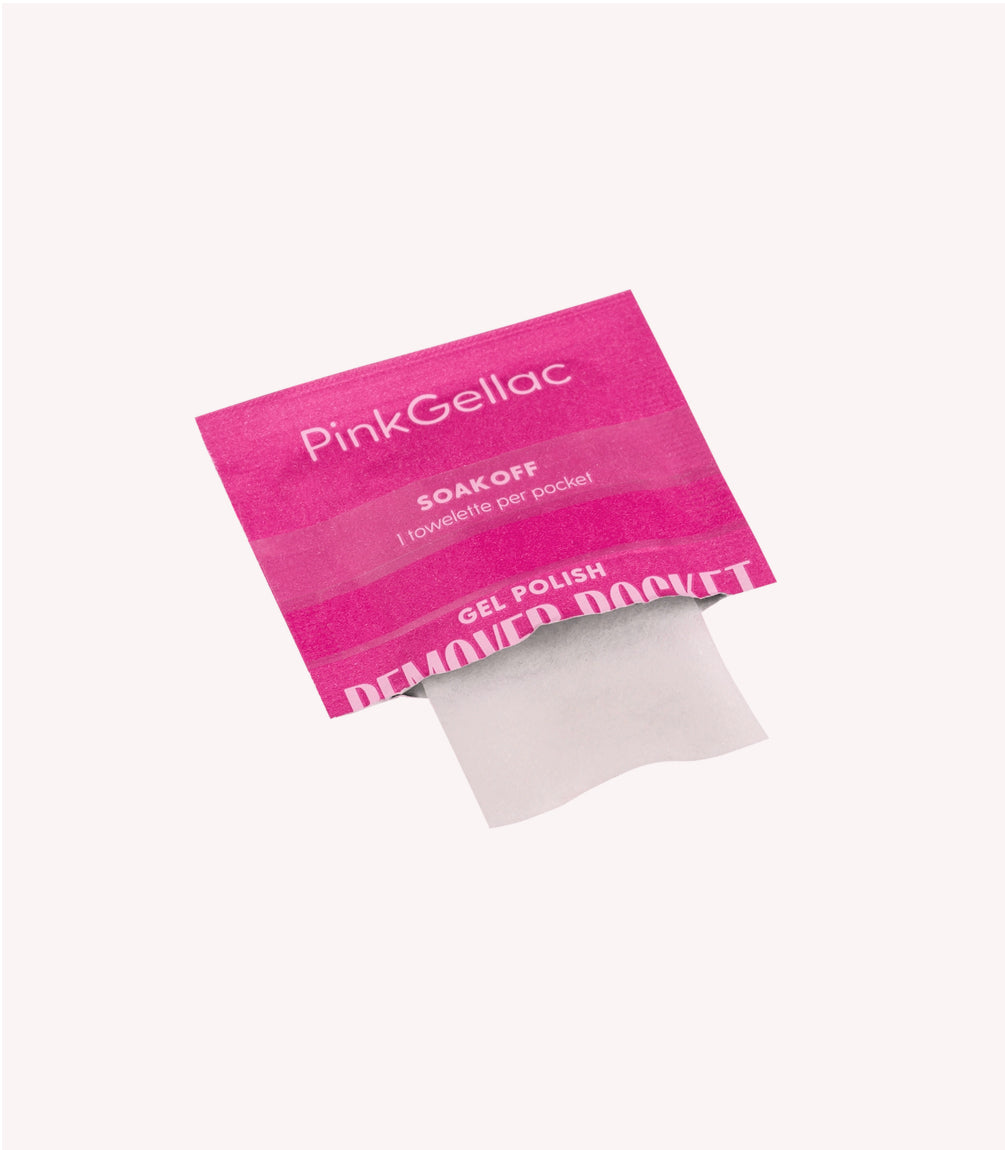 A single pink pack of Pink Gellac gel polish remover pocket with a cloth sticking out of it.