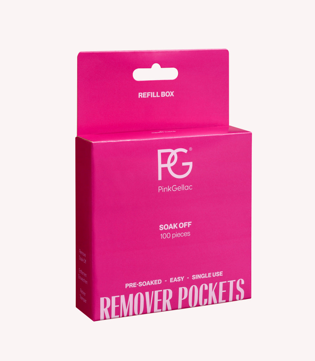 Pink packaging of Pink Gellac Remover Pockets, imprint with "Soak Off" and "100 pieces".