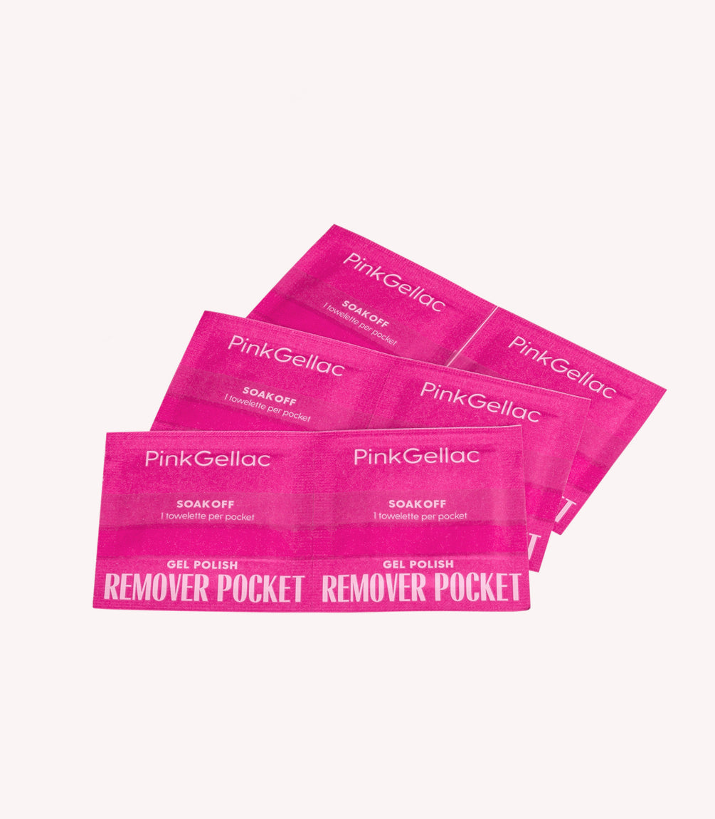 Five pink packs of Pink Gellac Soak Off Gel Polish Remover Pockets.