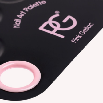 Black nail polish palette with pink logo and text