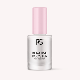 Bottle with pink cap and label with text "Keratin Booster Nail Treatment" on a white background.