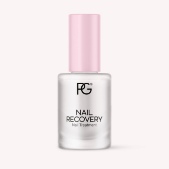 Bottle of nail treatment with pink cap and print "FG Nail Recovery Nail Treatment" on a light background.