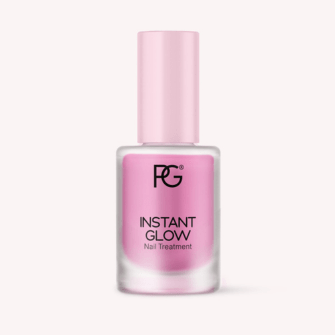 Pink nail treatment bottle with the text "Instant Glow" and a light pink cap against a white background.