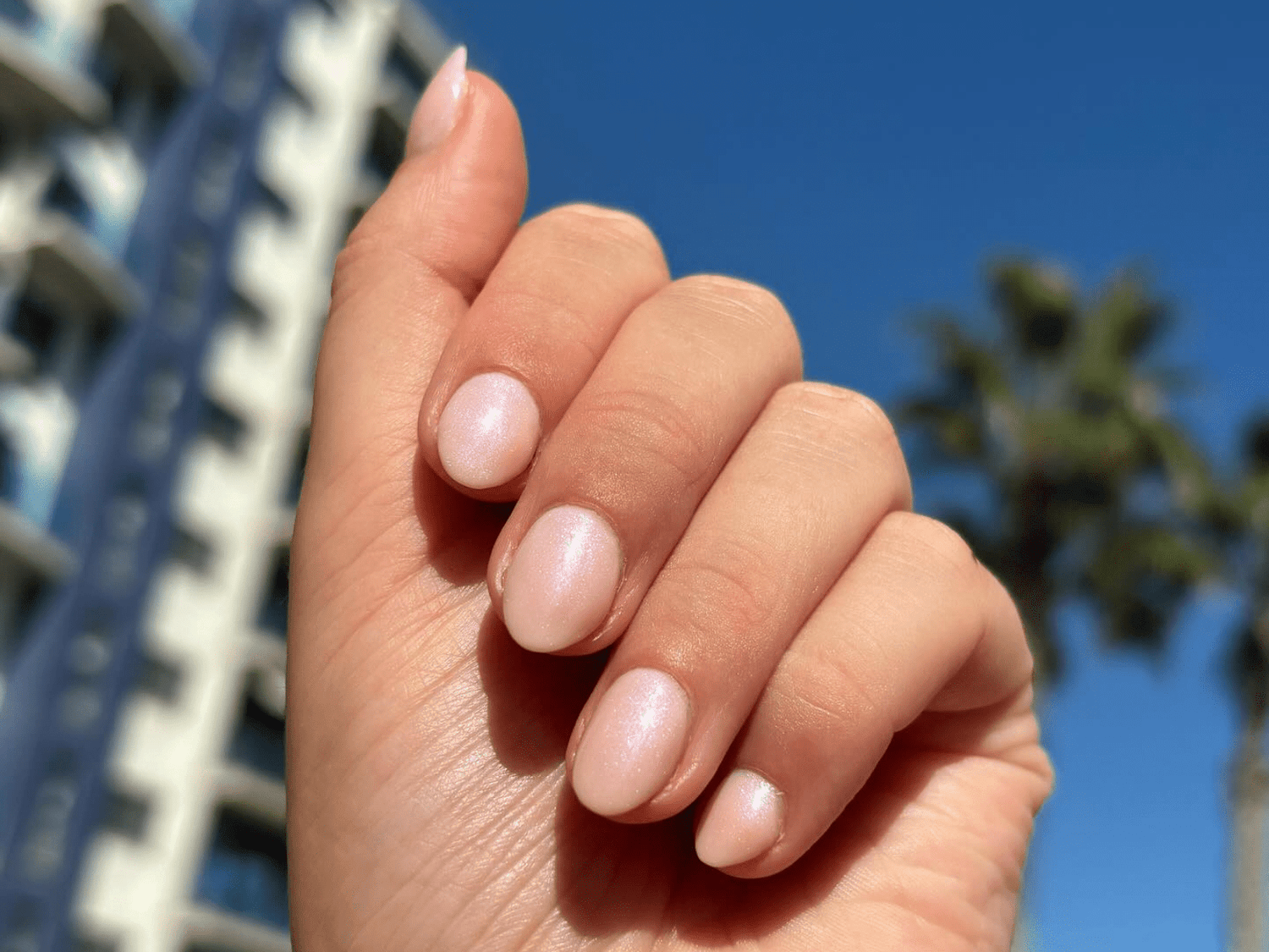 A hand with shiny, nude polished nails, held against a background of a blue sky with a building and a palm tree.