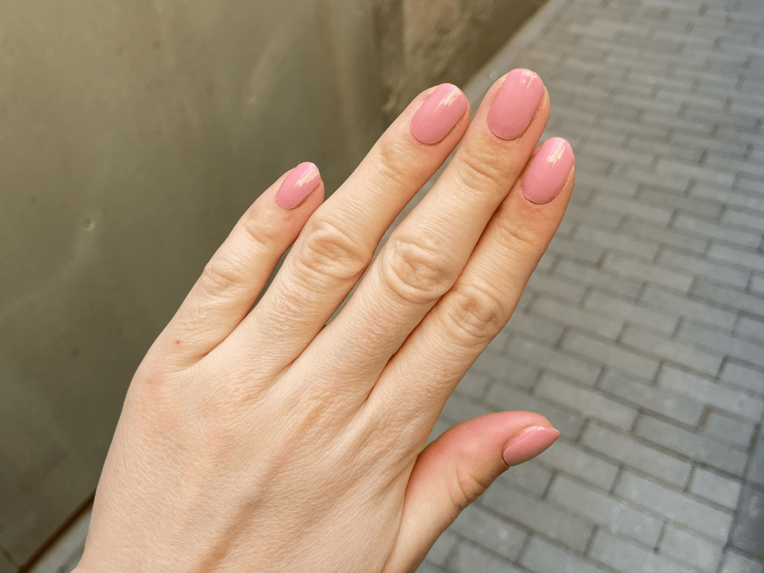 Hand with pink painted nails against a gray background of paving stones.