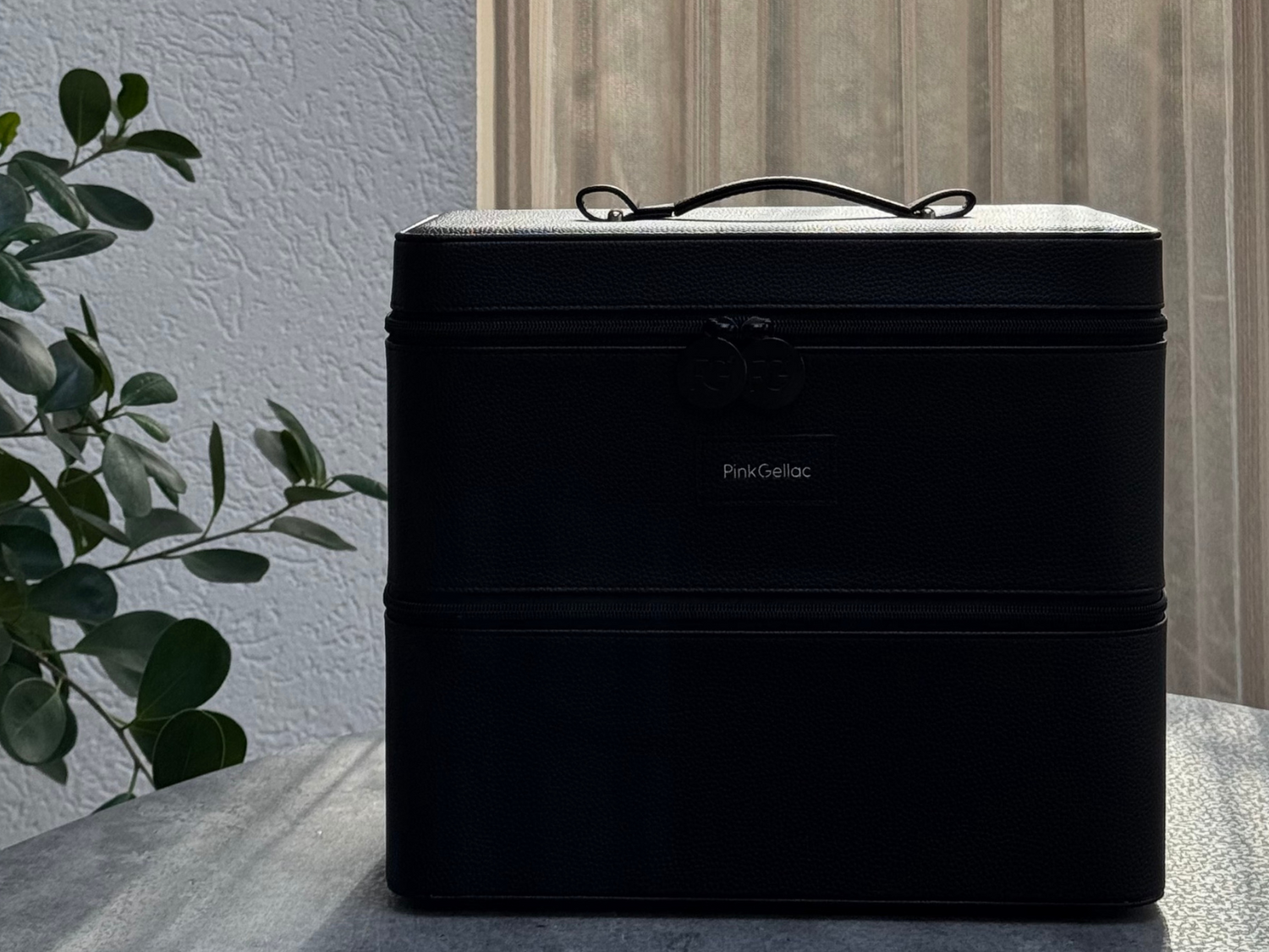 Black storage case from Pink Gellac on a table, with a plant and curtain in the background.