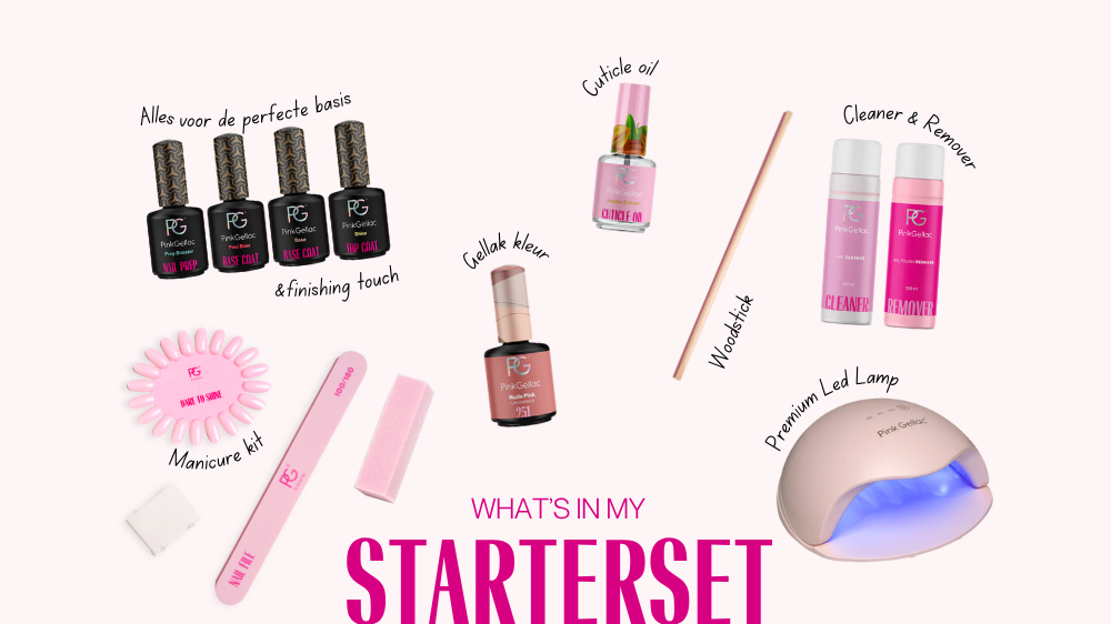 Collection of PinkGellac nail care products including bottles, lamp, and tools on a white background.