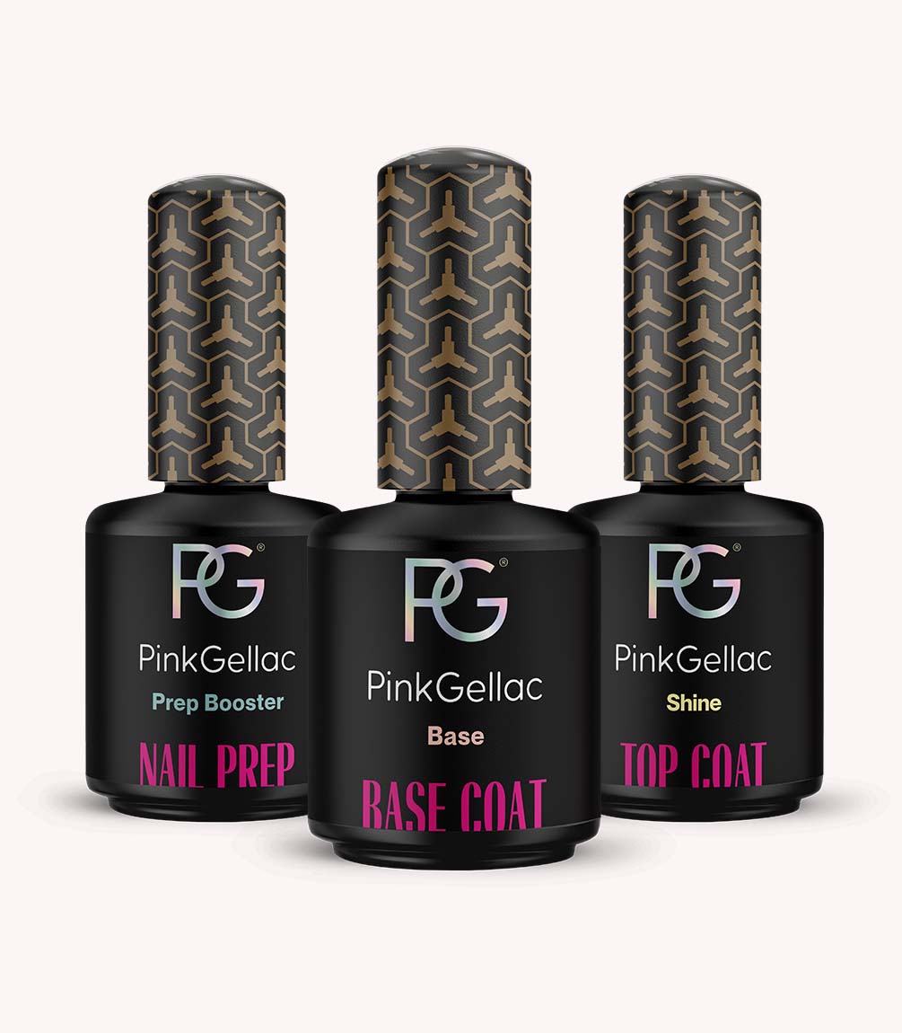 Three bottles of Pink Gellac products: Prep Booster, Base Coat and Shine Top Coat, with black and gold pattern on the cap.