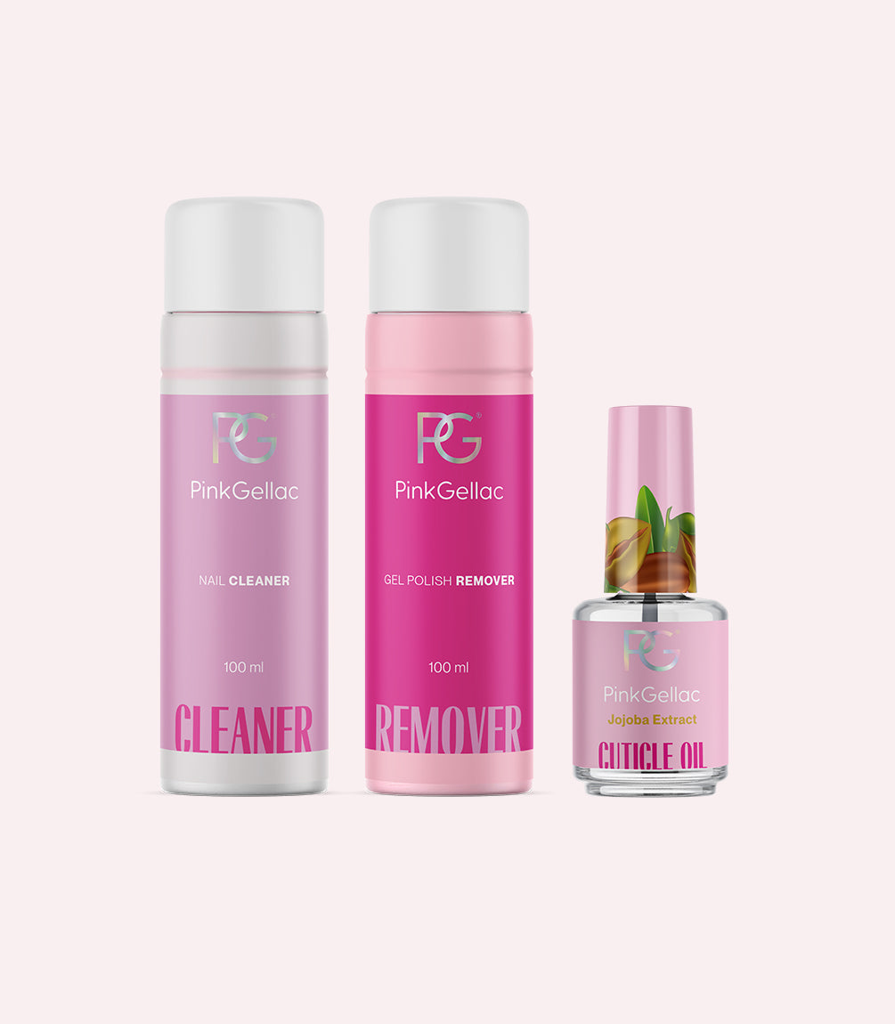Three nail care products from Pink Gellac: a nail cleanser, a gel polish remover, and a cuticle oil with jojoba extract, placed next to each other against a light background.