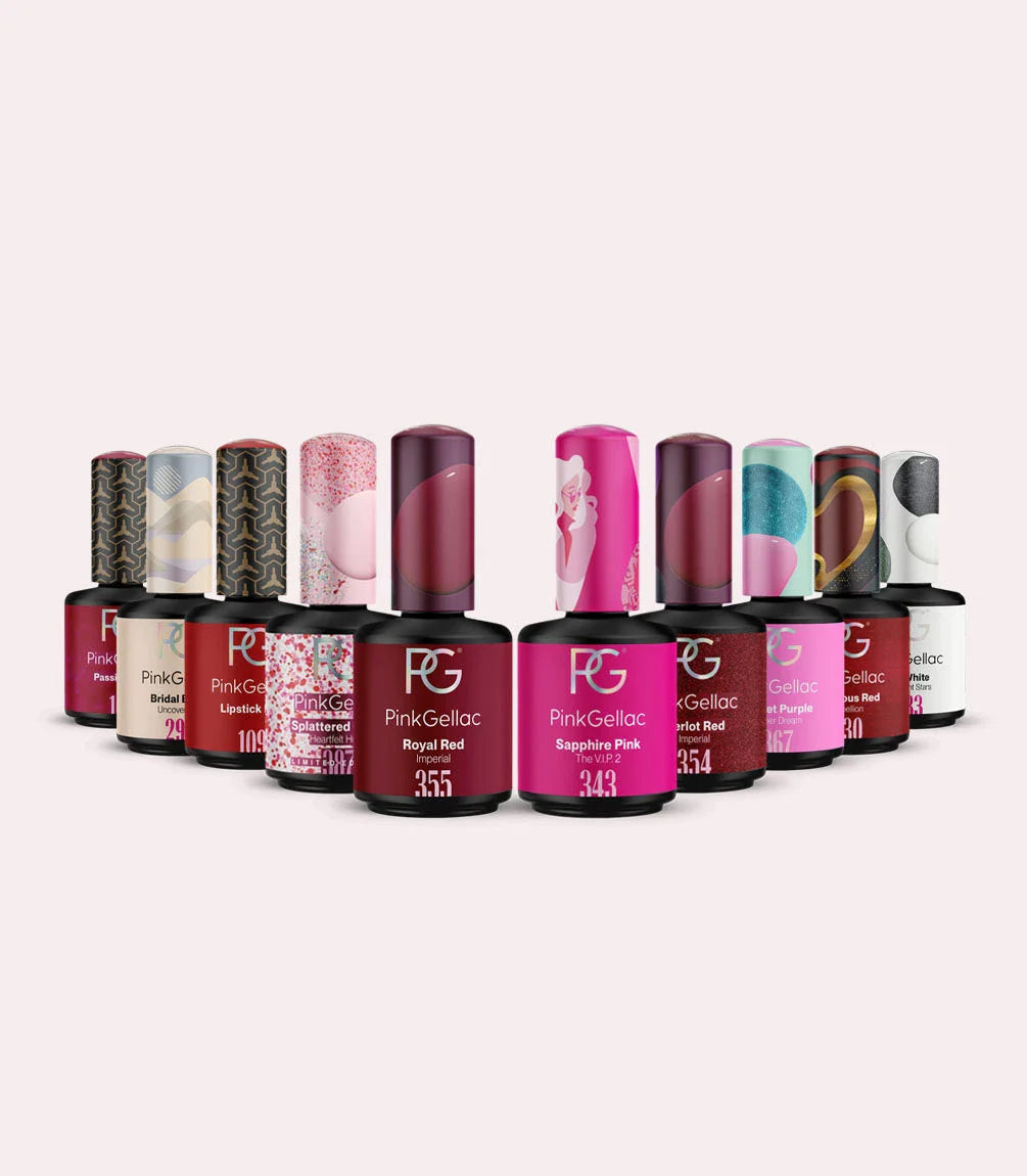 Assortment of Pink Gellac nail polish bottles in various shades, placed in a row.