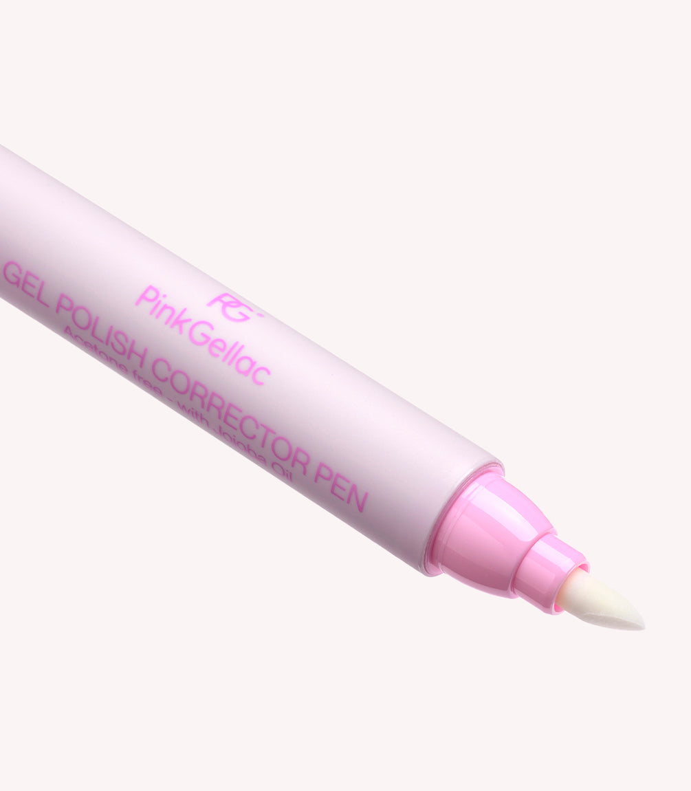 Pink and white nail polish corrector pen with brand name visible.