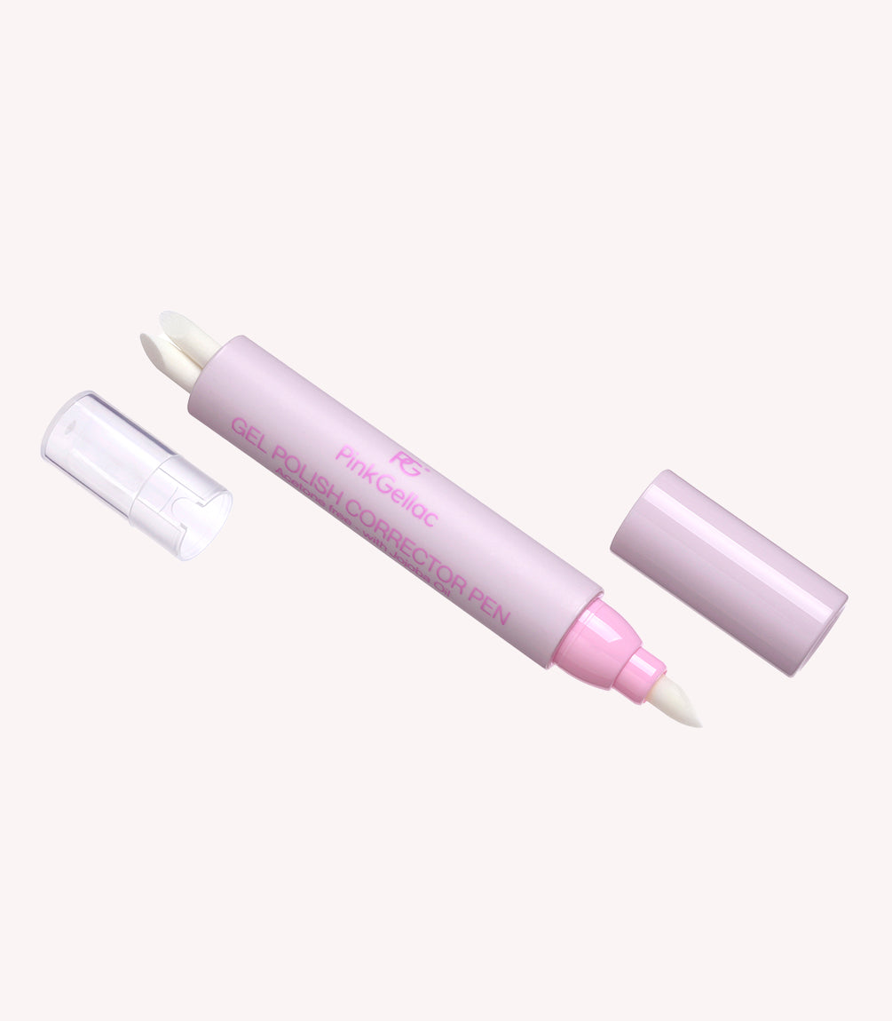 A pink nail polish corrector pen with two caps, one©©transparent and one©©pink, with brand name and product information on it.