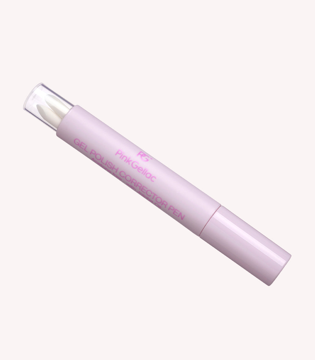 Pink nail polish corrector pen with clear cap and labeled "Pink Gellac Gel Polish Corrector Pen".