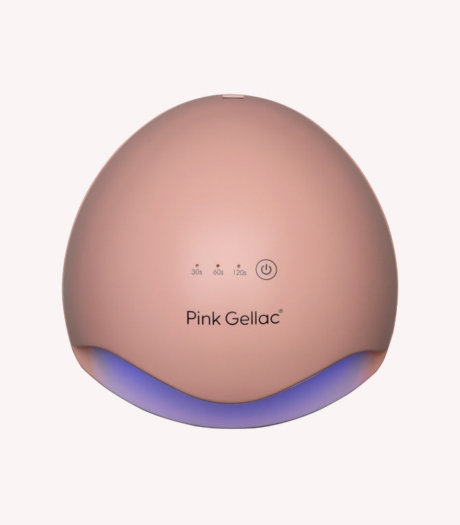 Rose gold nail dryer with "Pink Gellac" logo and timer settings for 30, 60 and 120 seconds.