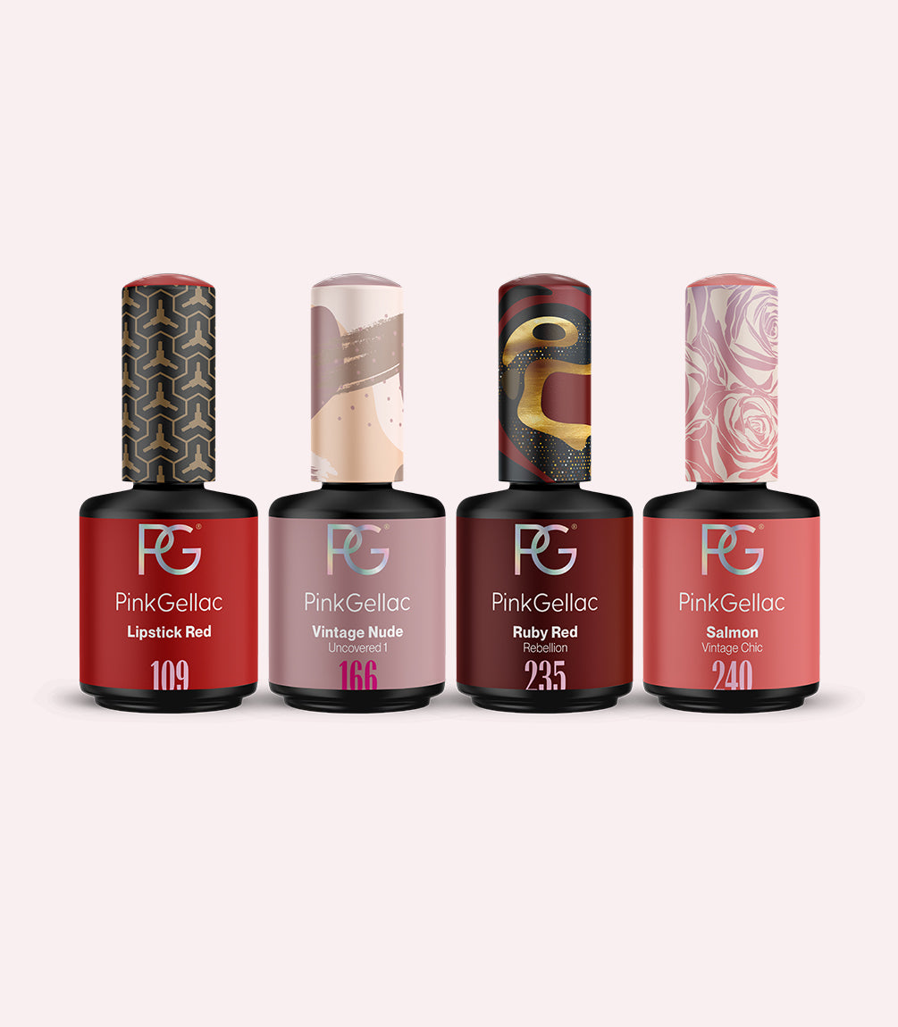 Four bottles of Pink Gellac nail polish in different colors and designs: Lipstick Red, Vintage Nude, Ruby Red and Salmon, each with a unique pattern on the cap.