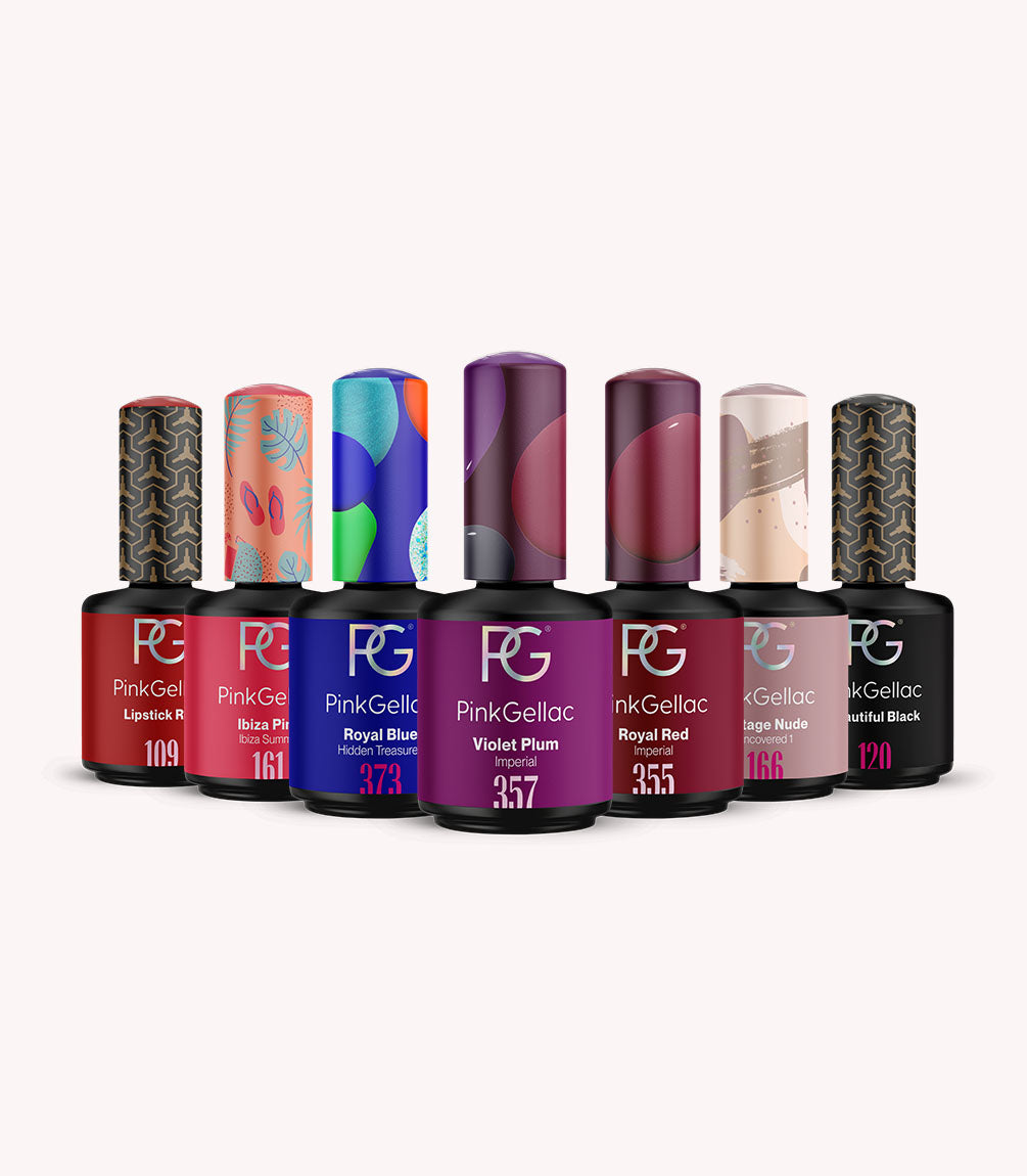Eight different bottles of Pink Gellac nail polish in various colors and designs, arranged in a straight row.