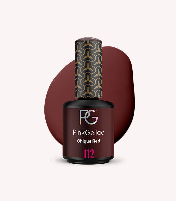 Nail polish bottle from Pink Gellac in the color Chique Red with a dark red splash in the background.