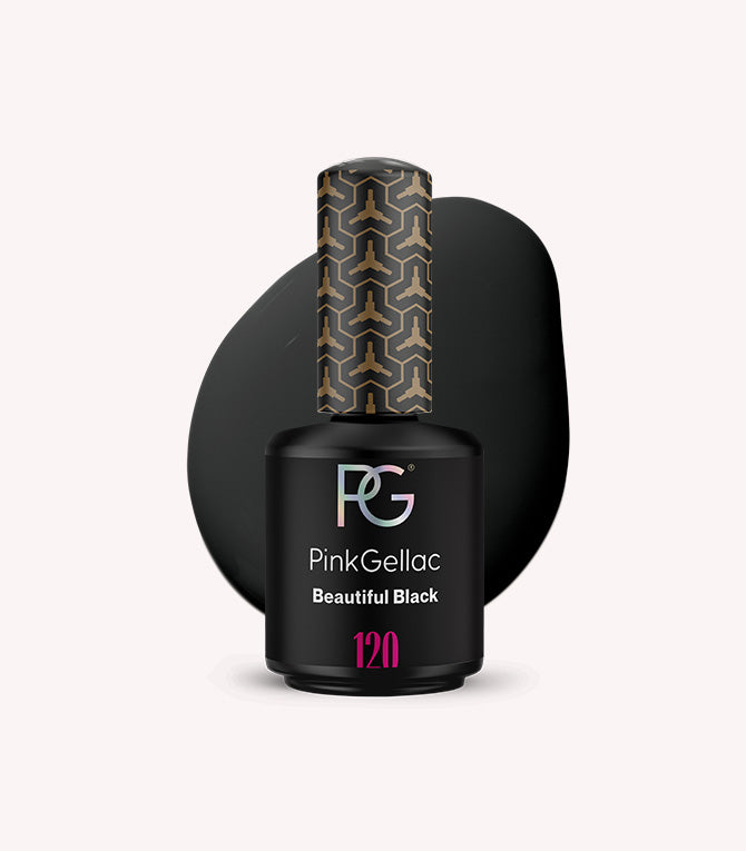 PinkGellac Beautiful Black nail polish bottle on a white background
