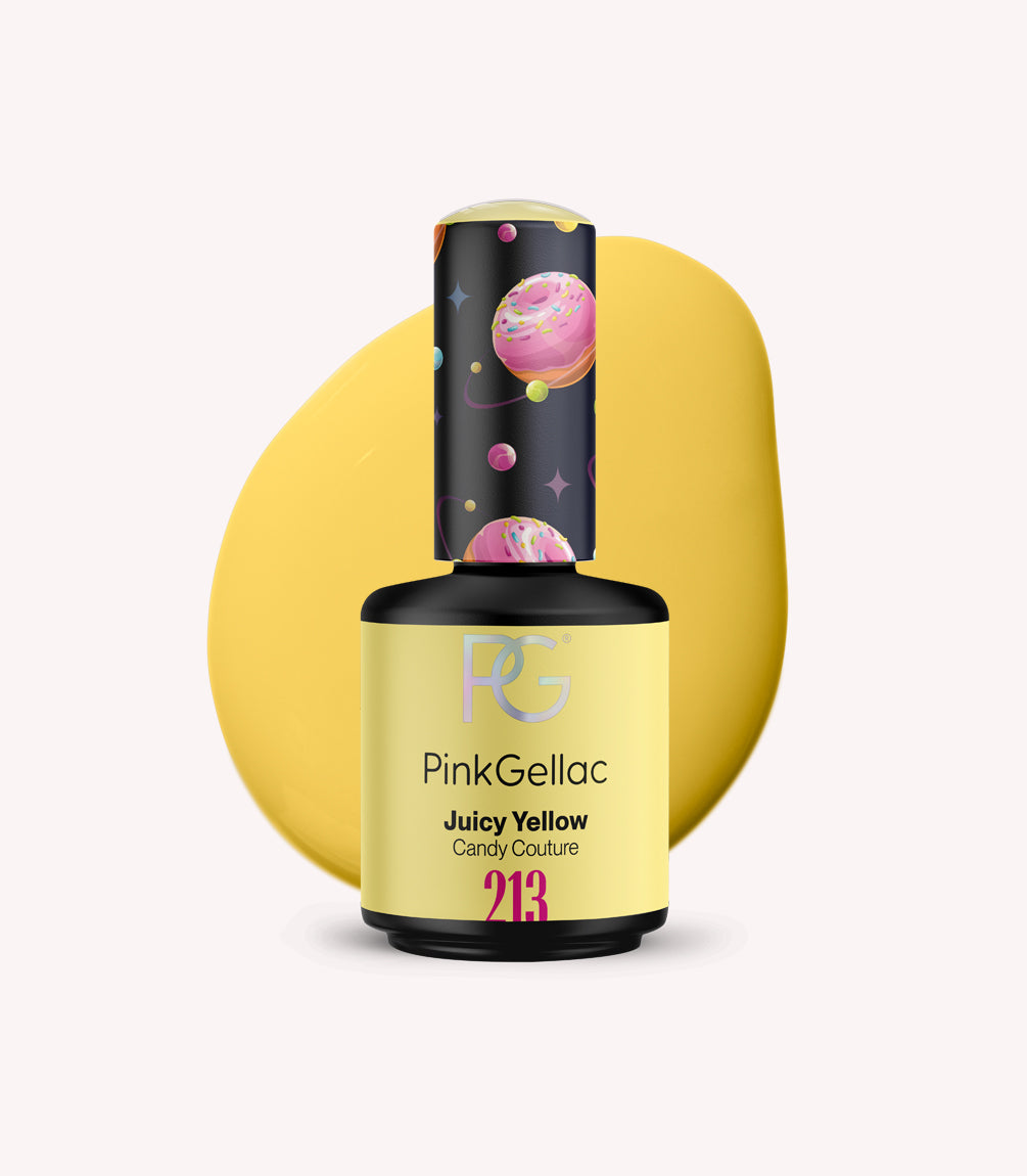 Yellow nail polish bottle from Pink Gellac with the name "Juicy Yellow Candy Couture" and a playful pattern with donuts on the cap.