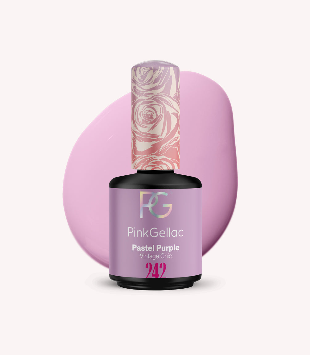 Nail polish bottle from Pink Gellac in the color pastel purple with rose design on the cap and a hint of pastel purple polish in the background.